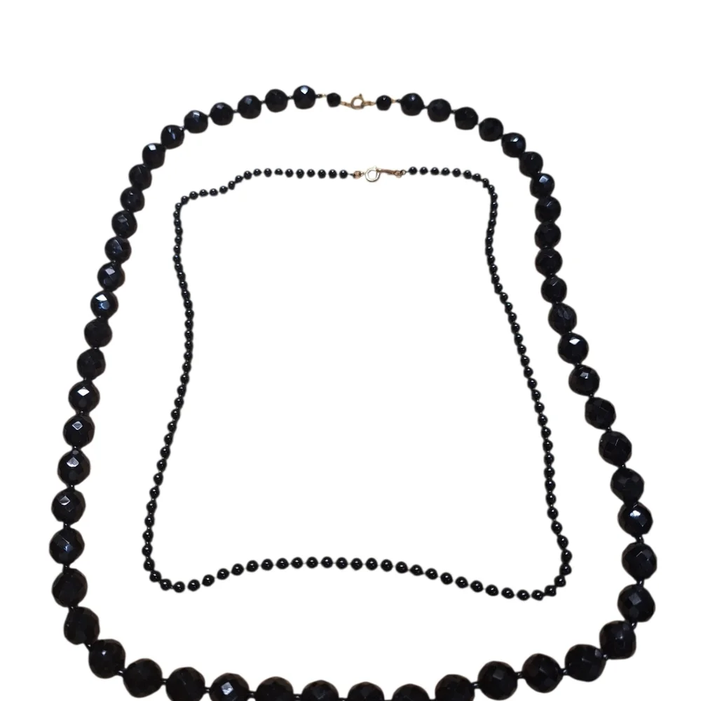 Art Deco Jet Black Glass Bead Graduated Necklace Vintage Pair Gothic Classic LUX